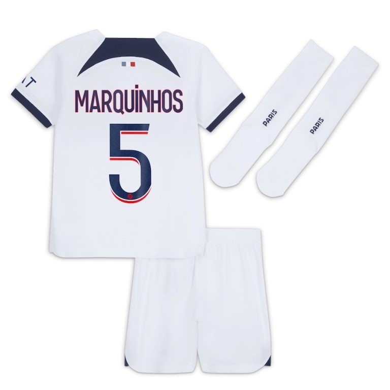 Maillot kit Enfant PSG Extérieur 2023 2024 Marquinhos (2)
