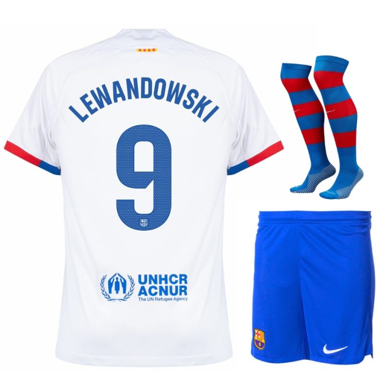 Barca 2023 2024 Away Lewandowski Kids Kit Shirt (1)