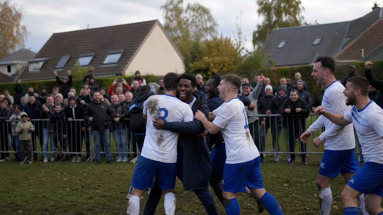 Joueurs amateurs du Wirwignes FC célébrant leur victoire au troisième tour de la Coupe de France dans une ambiance villageoise