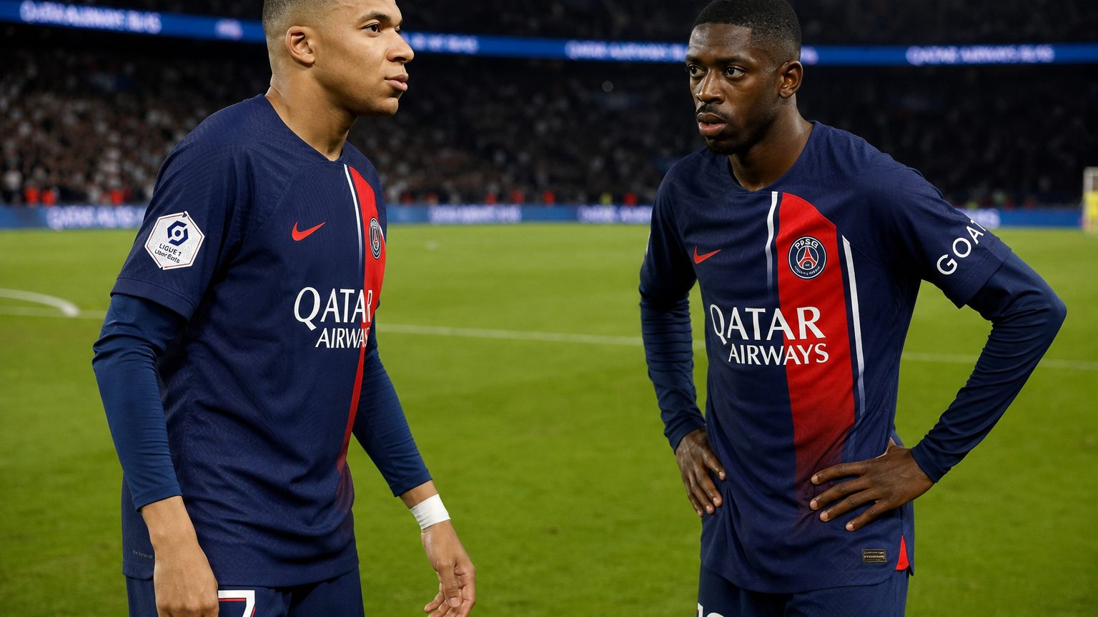Kylian Mbappé et Ousmane Dembélé sur le terrain, expressions tendues, ambiance de match au PSG